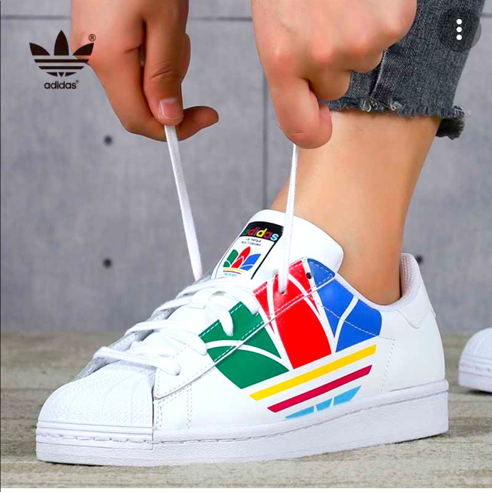 adidas Kids White Sneakers with Red, Blue, Green and Yellow Accents